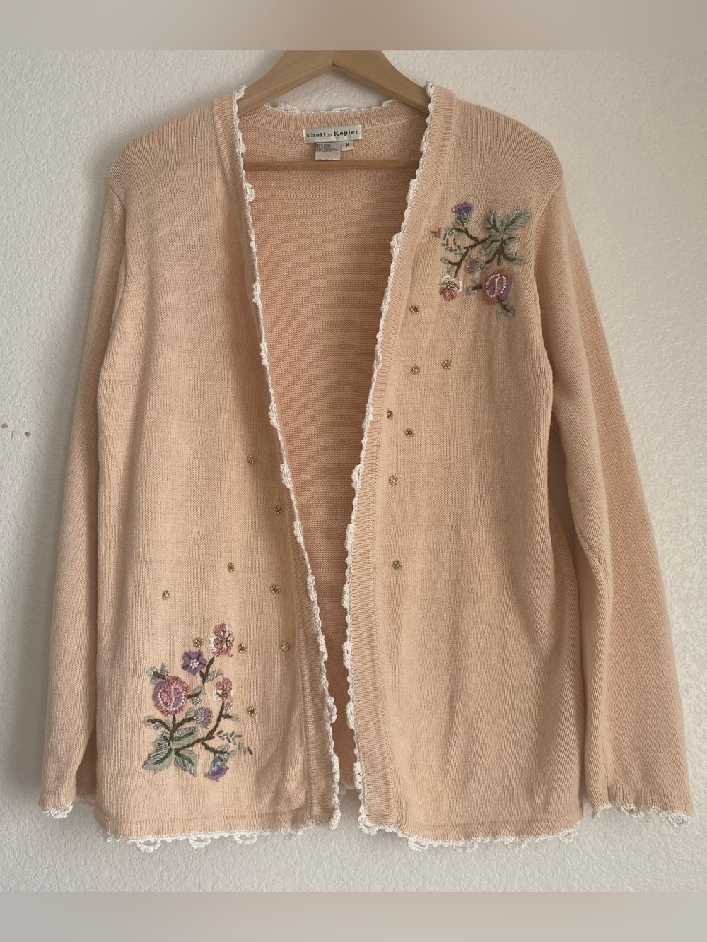 Vintage floral embroidered beaded accents lace trim open cardigan, M